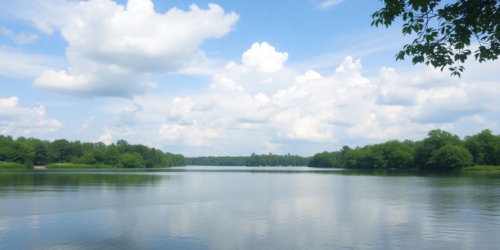 Pokojná krajina s klidným jezerem a zelení.