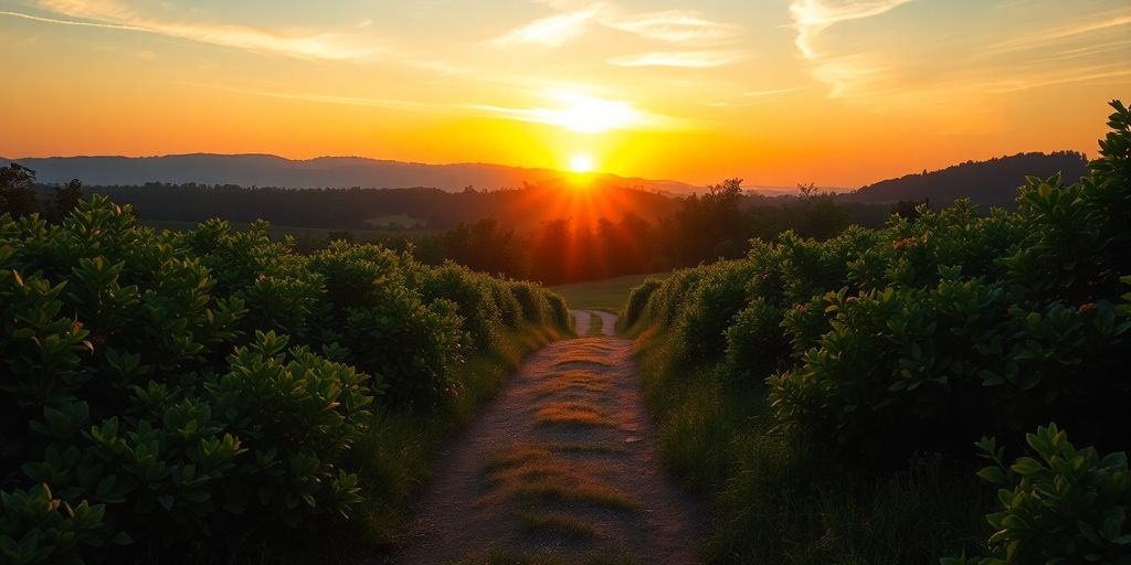 Krásná krajina s východem slunce a zelení.